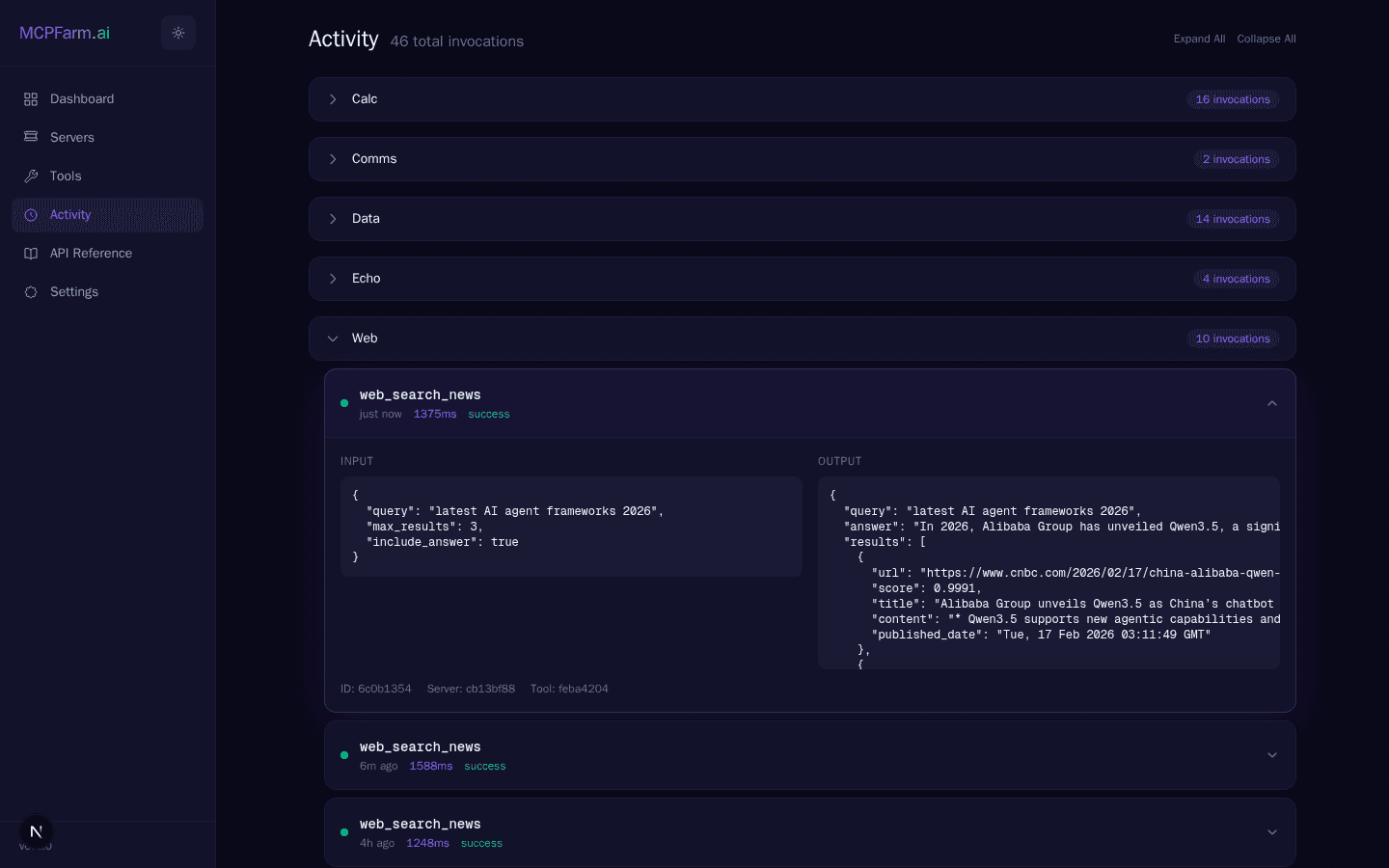 MCPFarm Activity Monitor - Real-time invocation log
