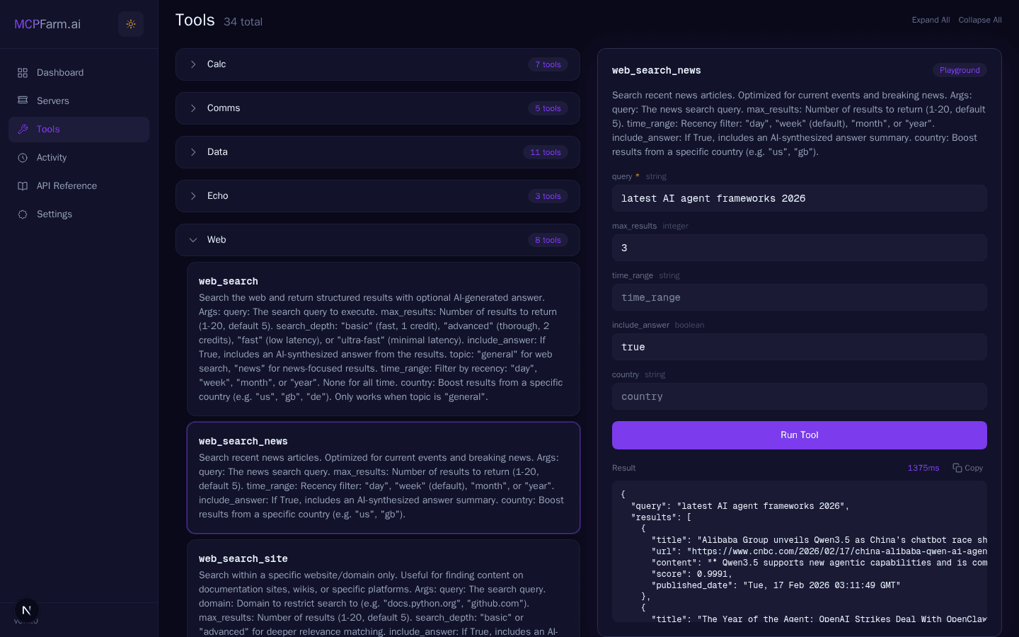 MCPFarm Tool Playground - Interactive tool testing