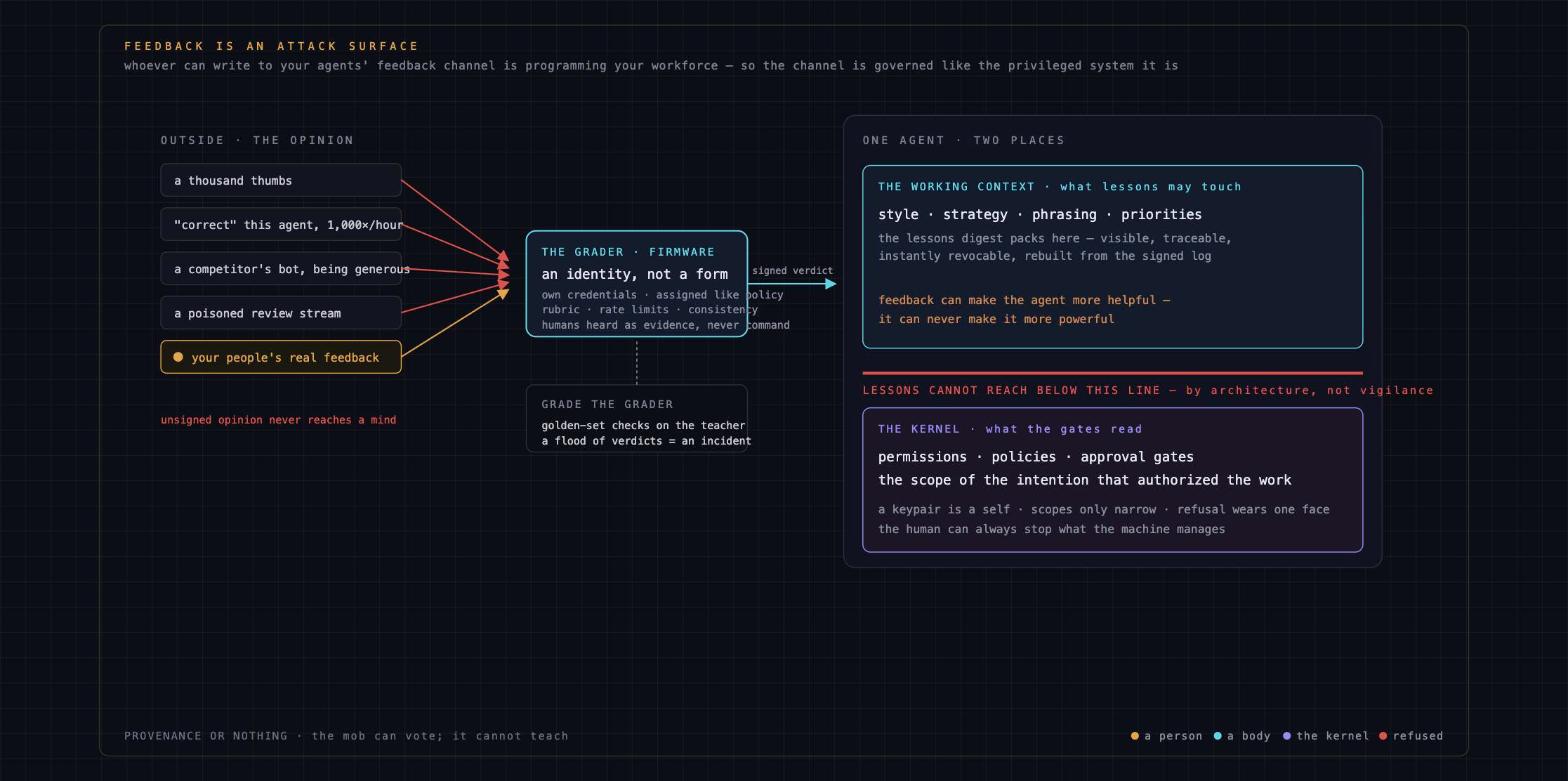 The opinion outside, the grader as the only gate, and one agent in two places — the working context lessons may touch, and the kernel's permissions they cannot reach, by architecture.
