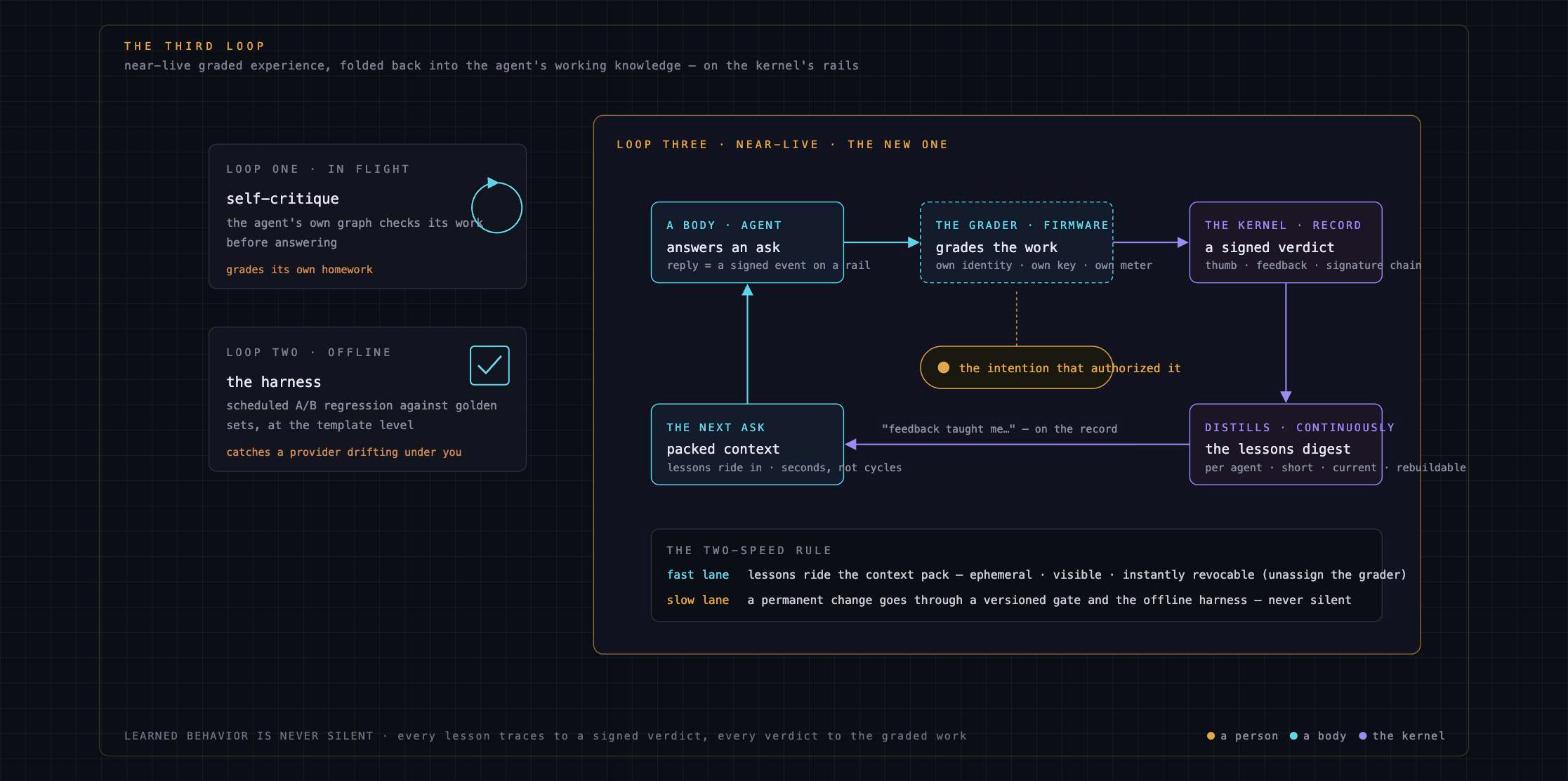 Three loops, not one — self-critique in flight, the offline harness, and the third: a firmware grader's signed verdicts distilling into a lessons digest the next ask packs, under the two-speed rule.