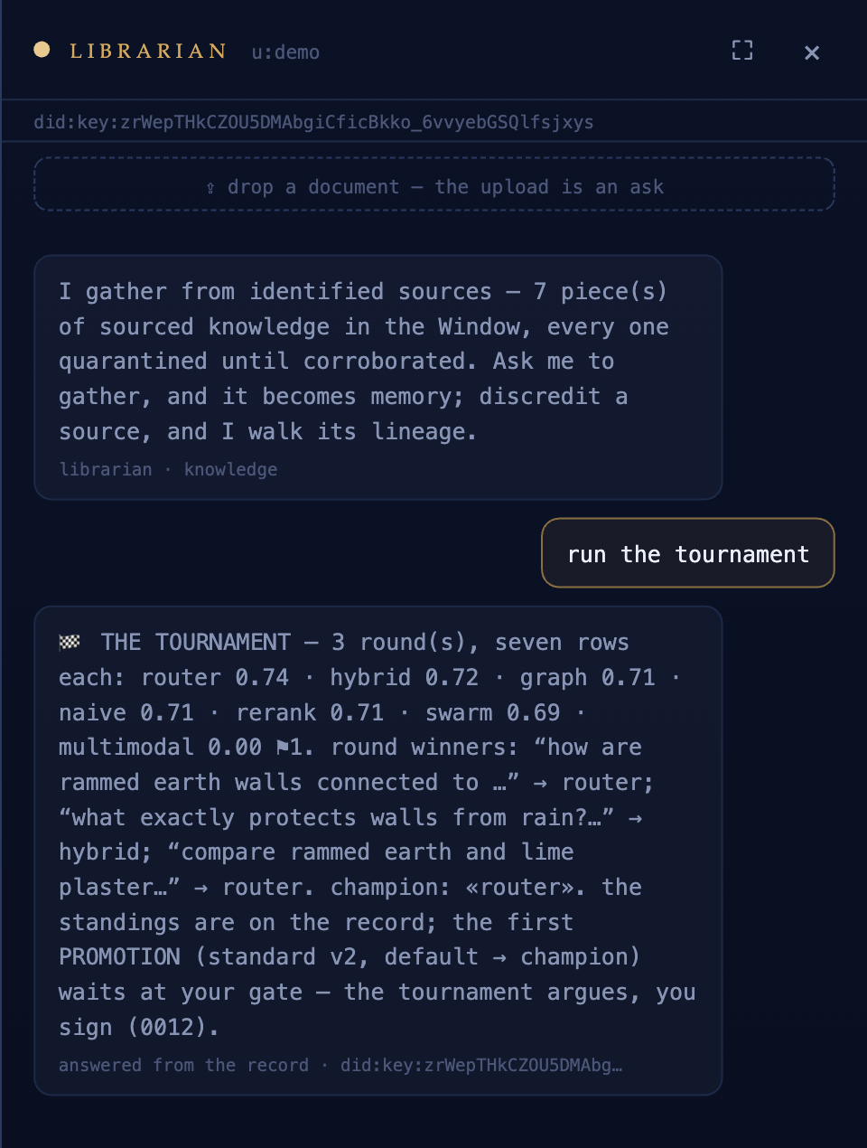 A real tournament run answering in the parlor — every question raced through every row, graded on axes none of them control